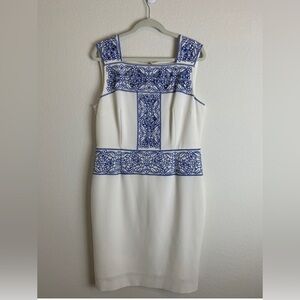 Antonio Melanie White Dress with Blue Embroidery, Size 14